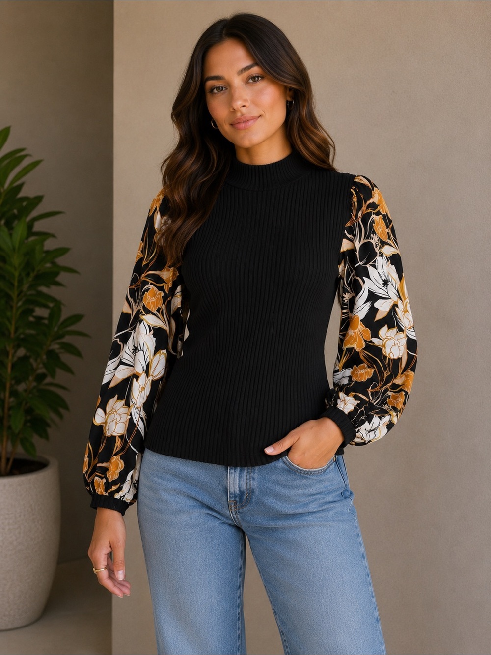 Flying Tomato Ribbed Knit Floral Puff Sleeve Top Mock Neck Size Large